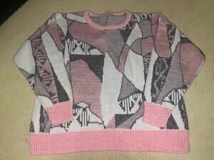 Vtg Exchange Unlimited Abstract Geometric Knit Sweater Pink Gray Metallic M L
